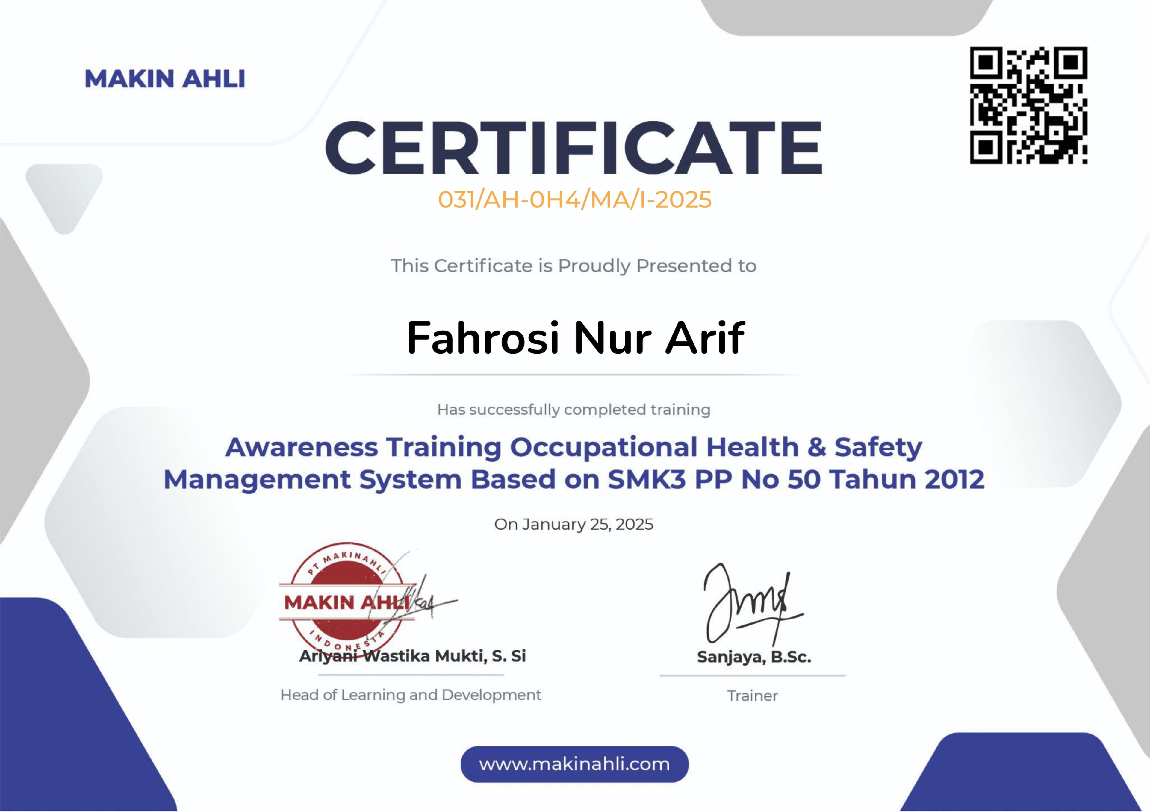 Awareness Training Occupational Health and Safety Management System (PP No 50:2012)